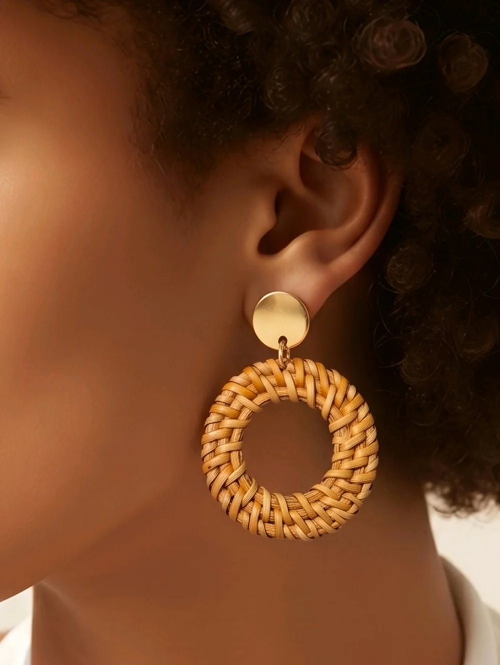 Woven Rattan Hoop Earrings Gold Disc Stud Boho Coastal Resort Statement Jewelry